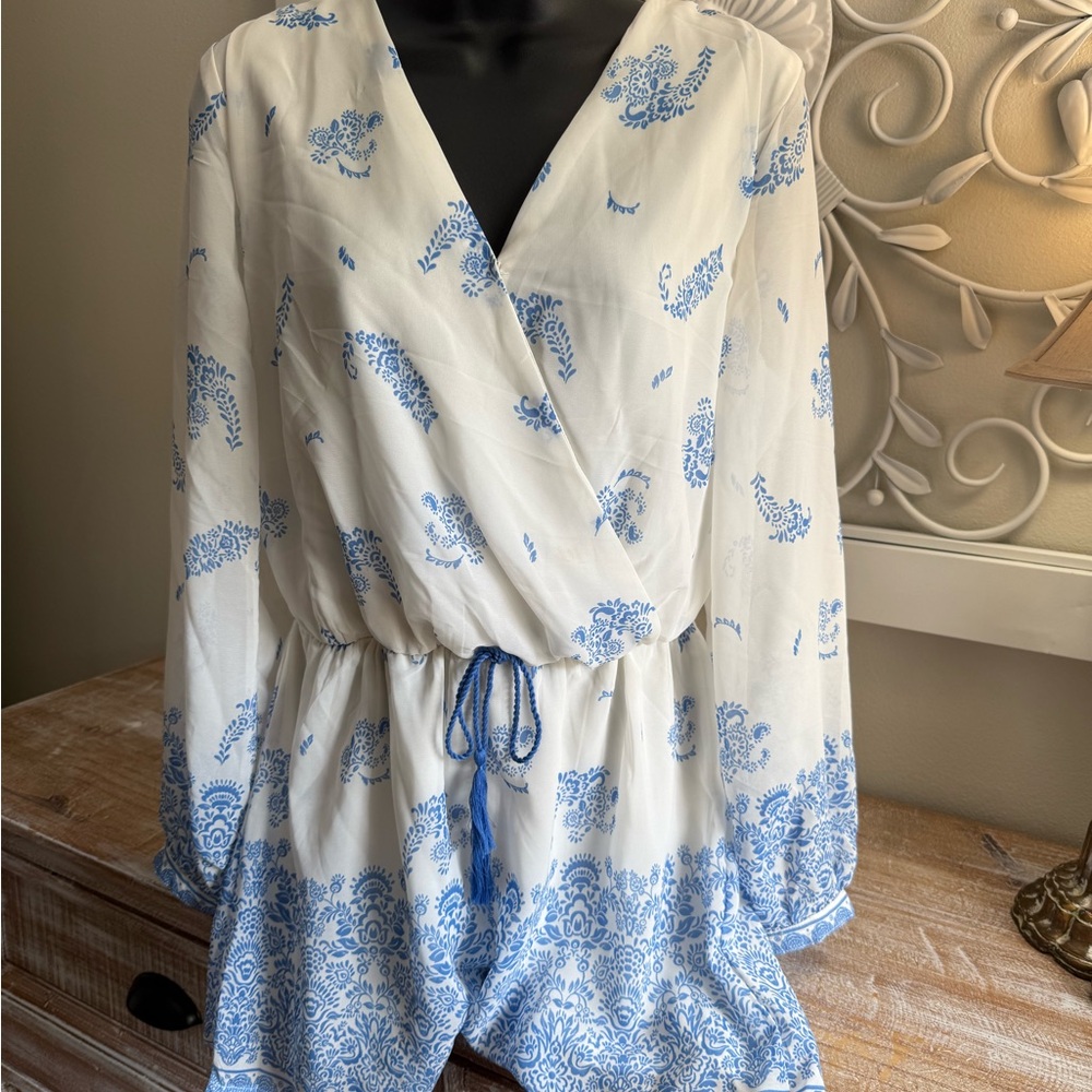 New Blue and White Patterned Wrap Inspired Chiffon Romper